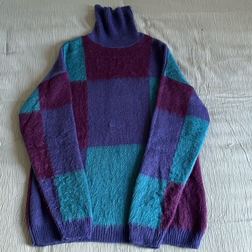 ASOS Design fluffy knit checkerboard roll neck sweater purple/teal 2XS